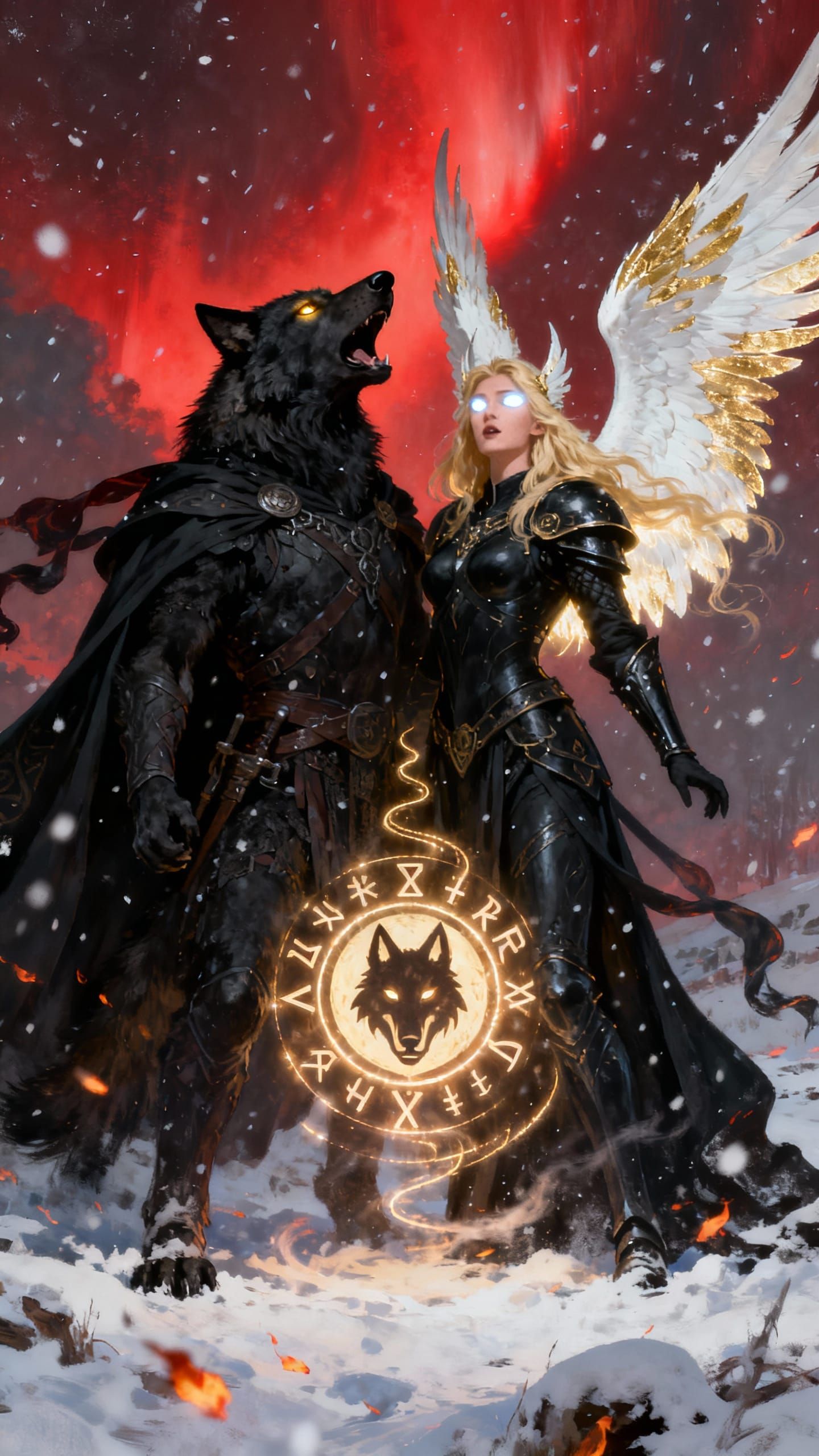 Dark Fantasy Wolf-Warrior and Valkyrie on Snowy Battlefield