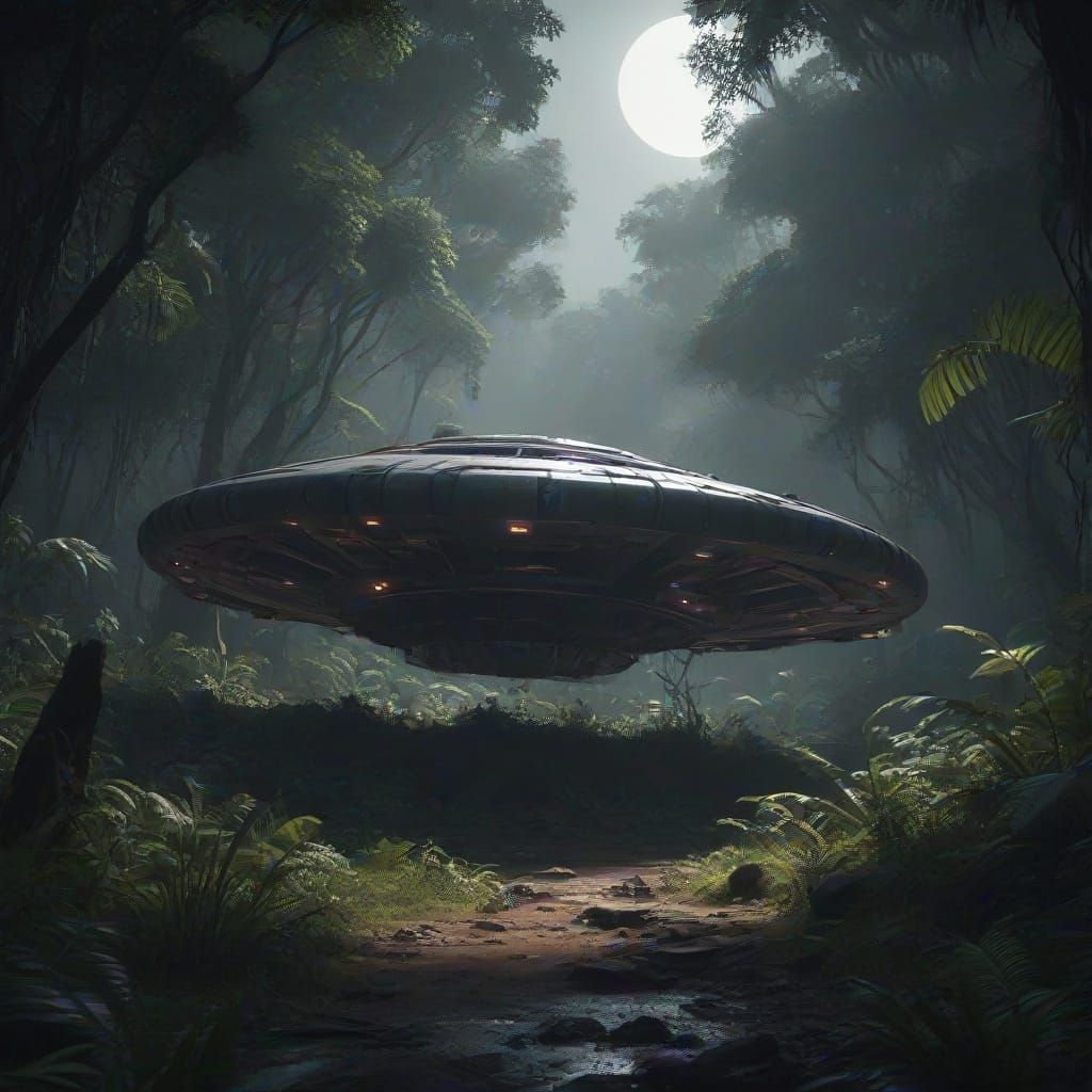 Abandoned UFO in African Jungle Under Full Moon