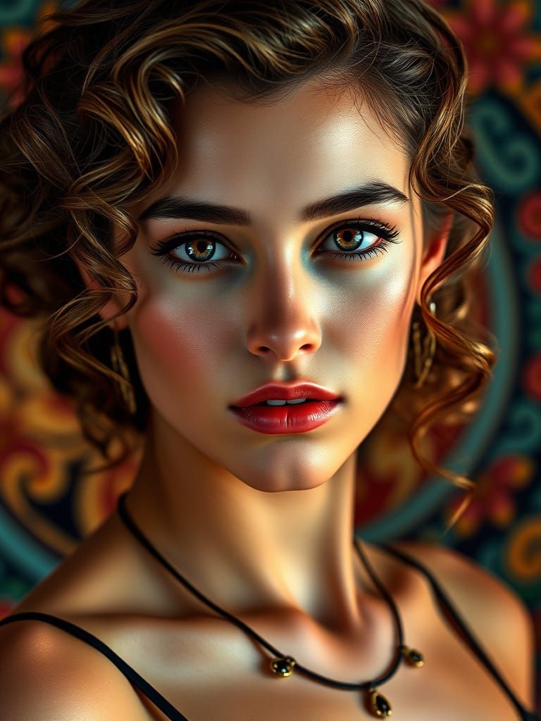 Hyper-Realistic Portrait of a Curly Brown-Haired Woman in Ar...