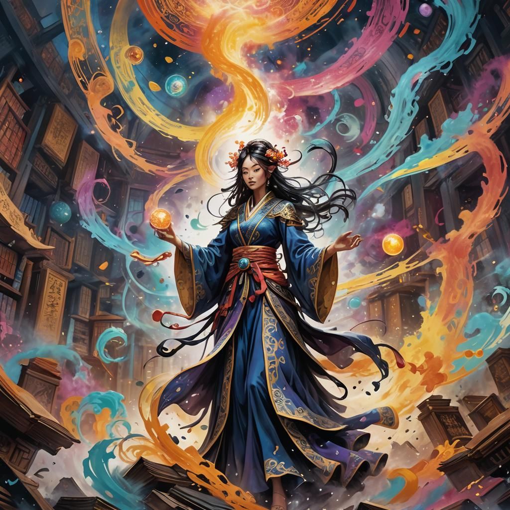 Mystical Sorceress in Ink Splatter Style