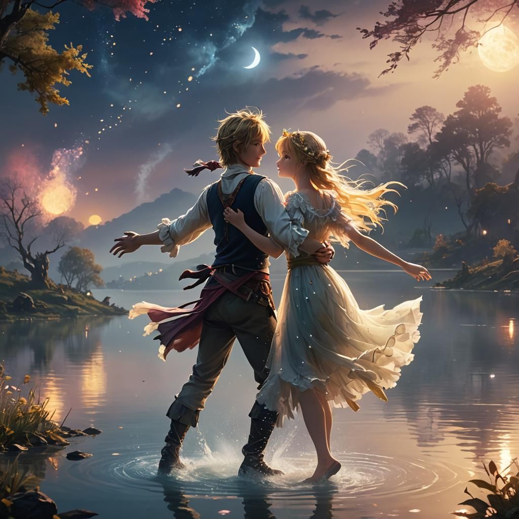 Fantasy Dance Above Lake in Moonlight