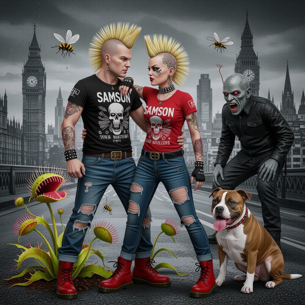 Punk Skinhead Couple in Surreal London Cityscape