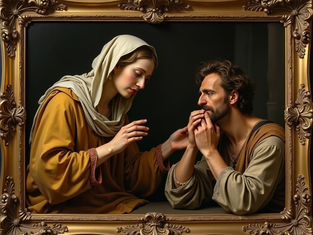 Virgin Mary Comforts a Man: Baroque Oil Painting