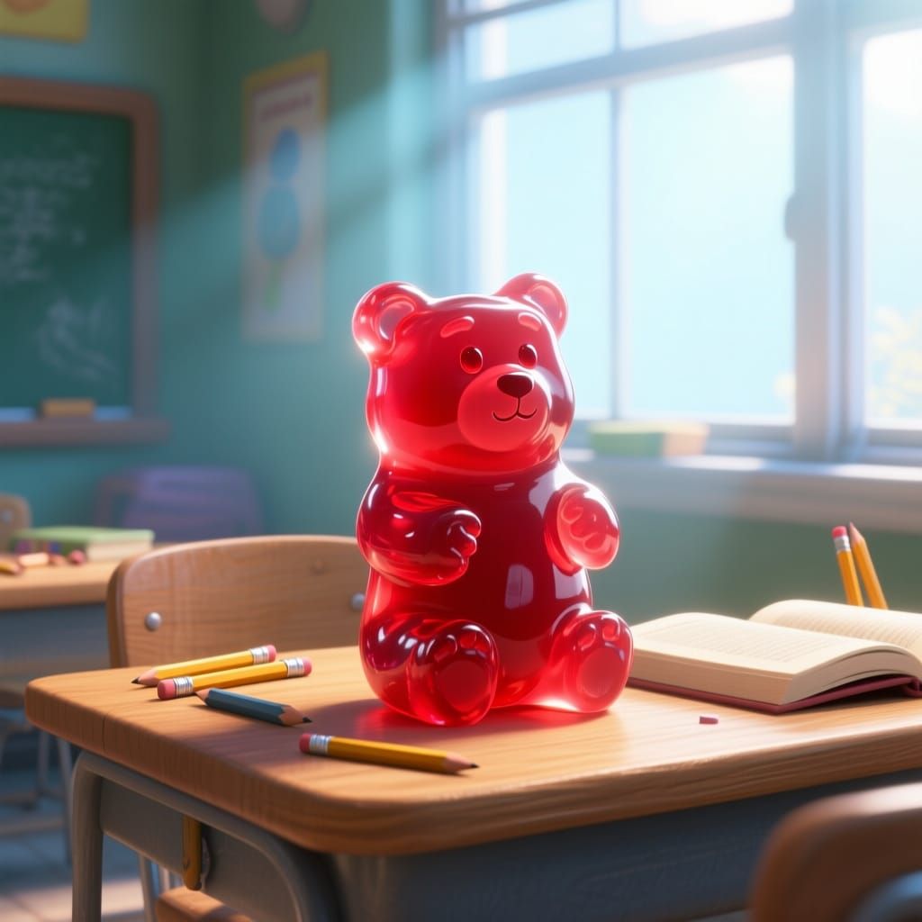 Gummy Bear Student at Desk in Sunlit Classroom