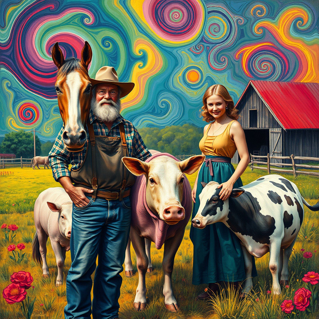 Surreal Farm Scene with Animals in Dreamlike Setting