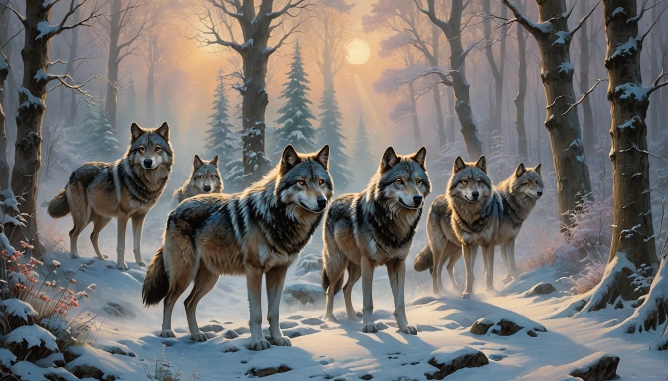 Wolves in Enchanted Snowy Forest at Dawn