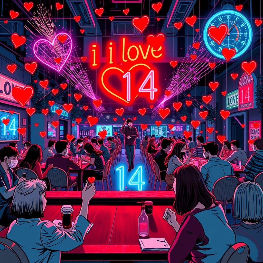 Celebrity Surrounded by Fans in a Whimsical Night Cafe