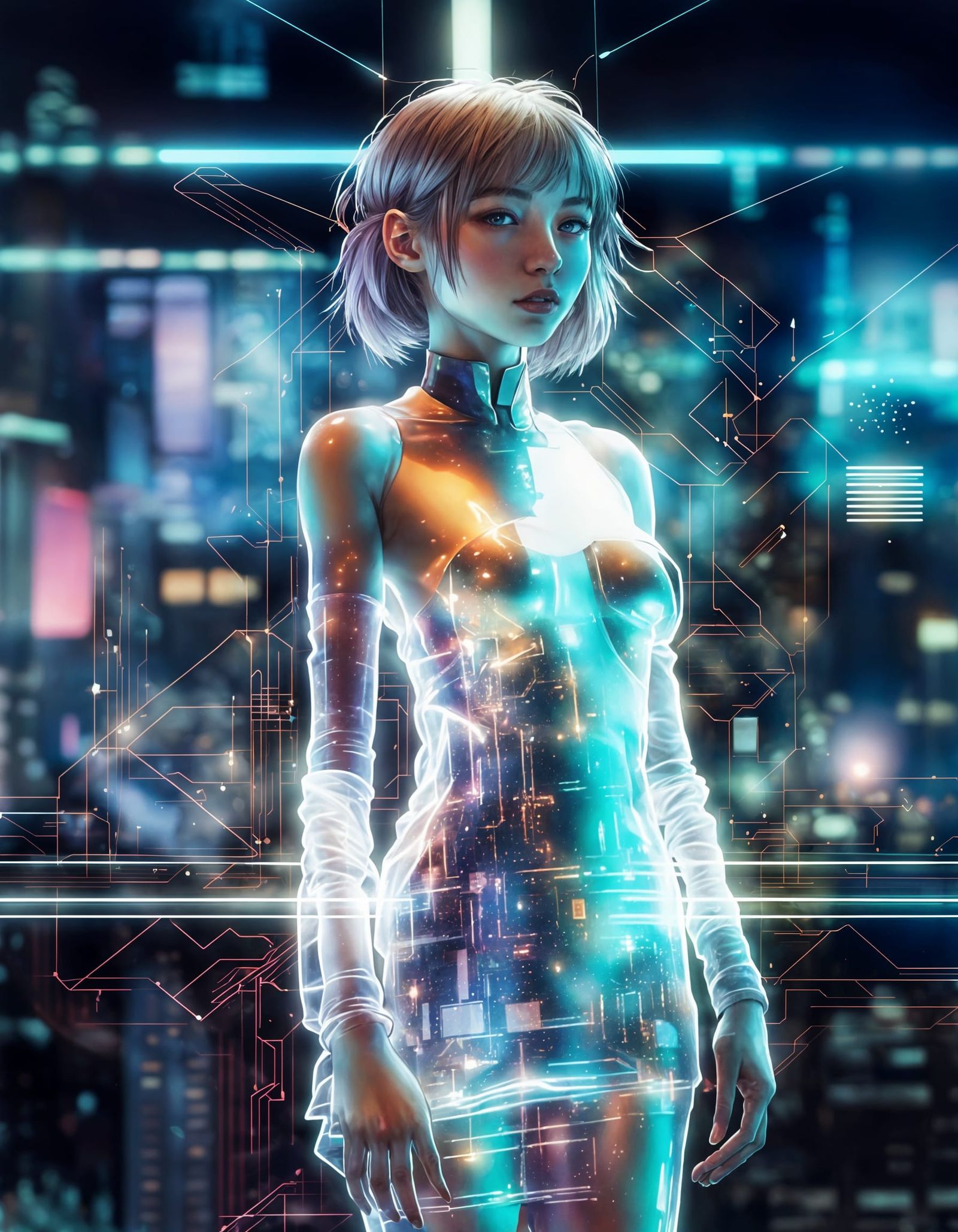Holographic Girl in Futuristic Anime Style