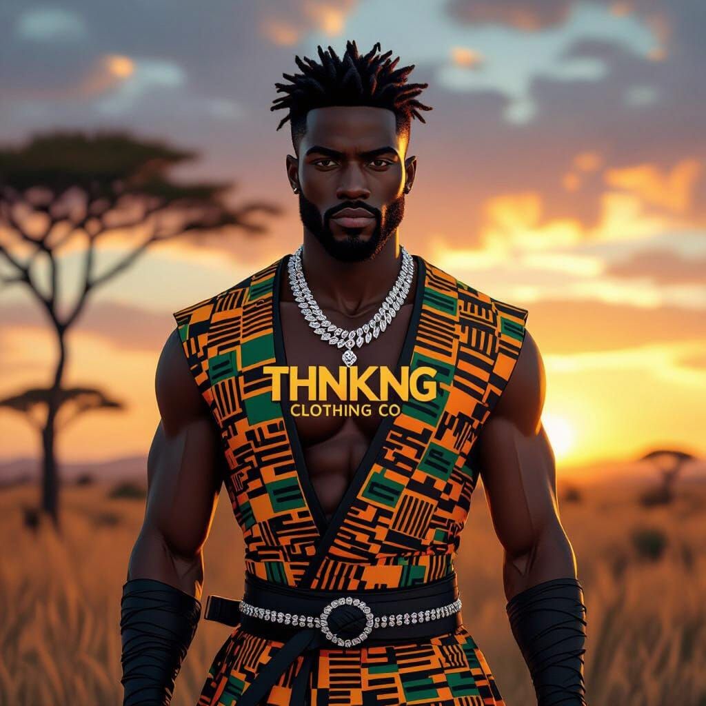 Black Ninja in Kente Costume with Diamond Necklace