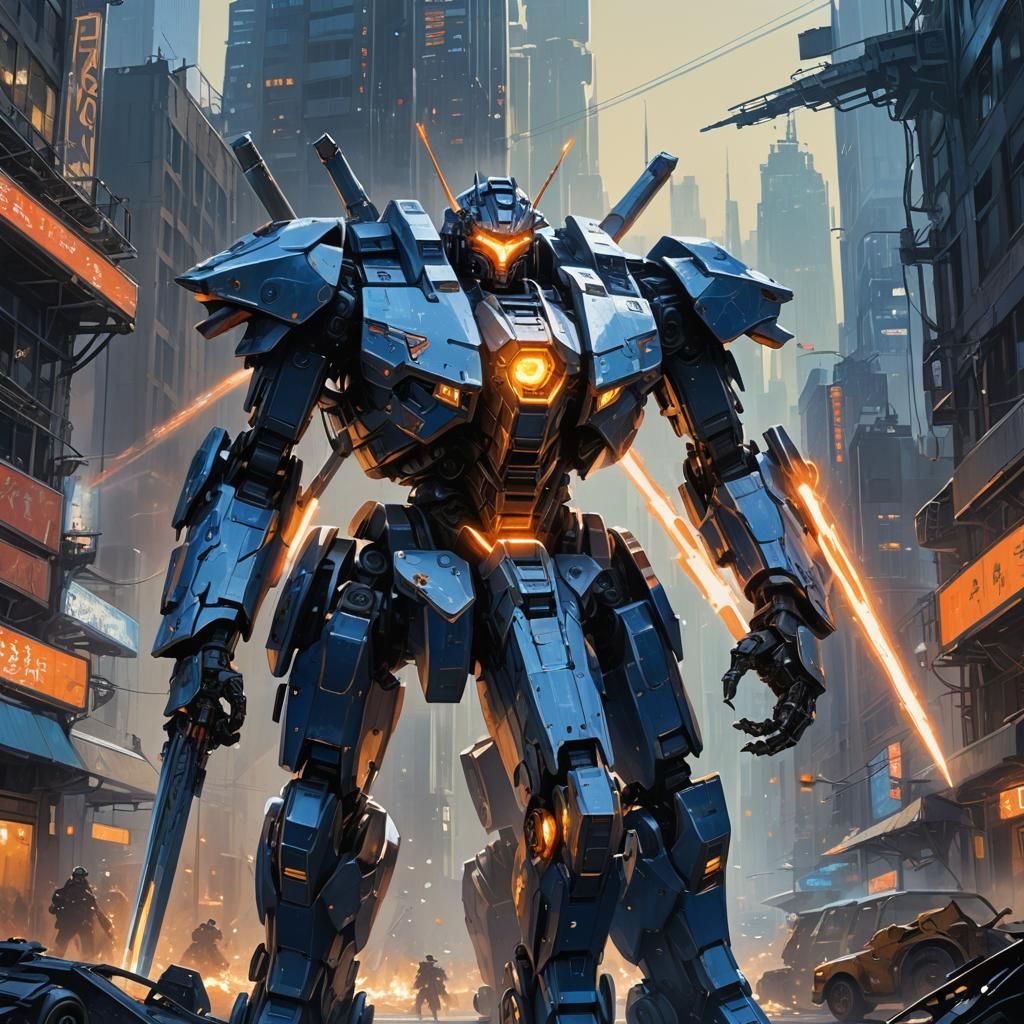 Mech Warrior with Swords in Gritty Sci-Fi City