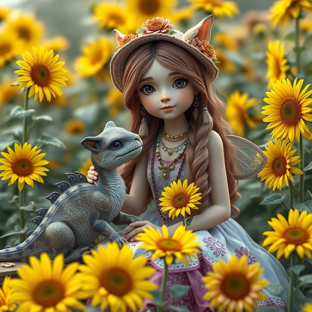 Whimsical Boho Fairy Princess in a Miniature Sunflower Garde...
