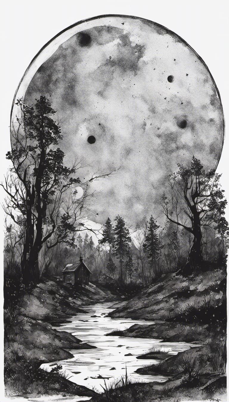 Dreary Night Under a Black Moon: Ink Drawing
