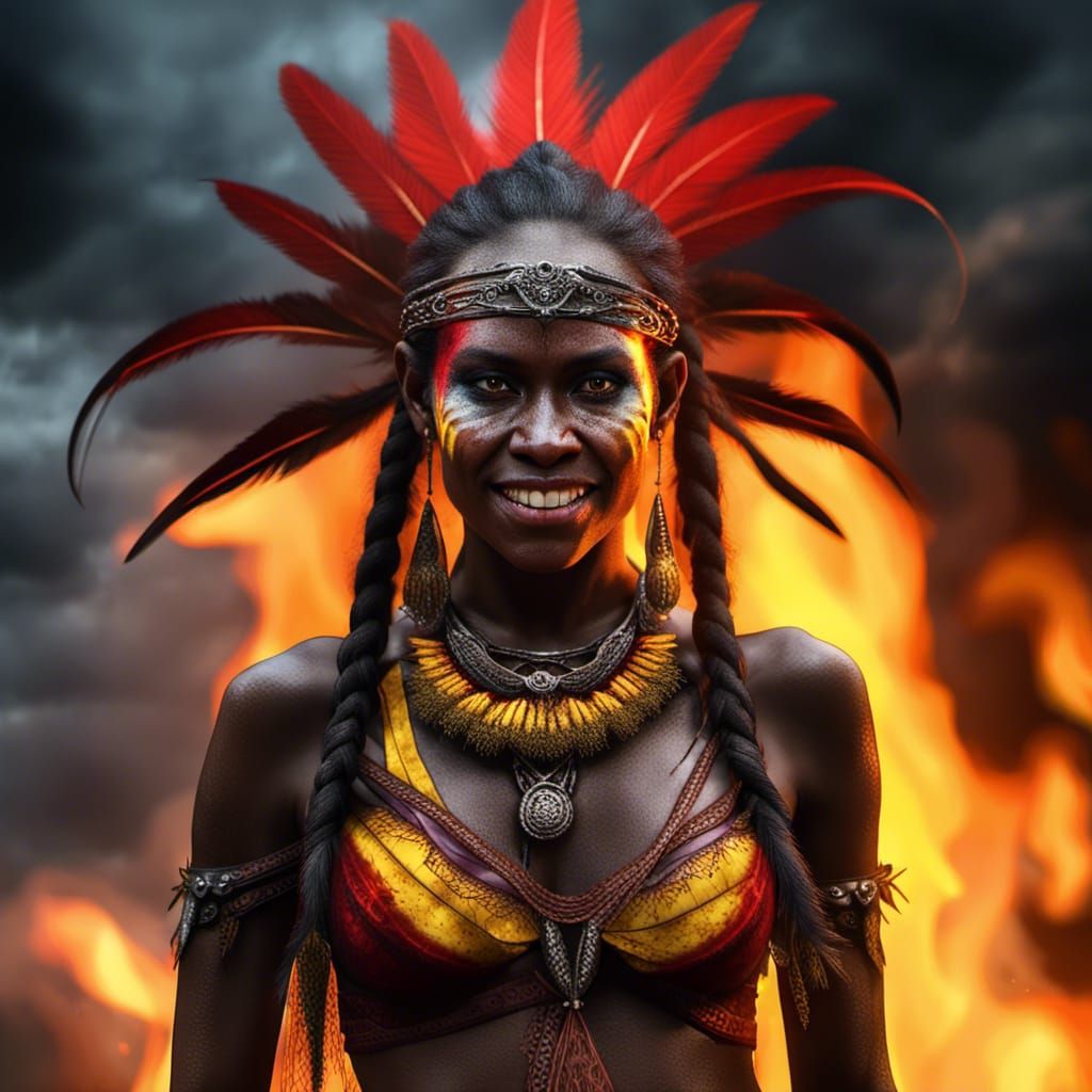 Melanesian Dark Elf Sorceress Casting Fire Spell