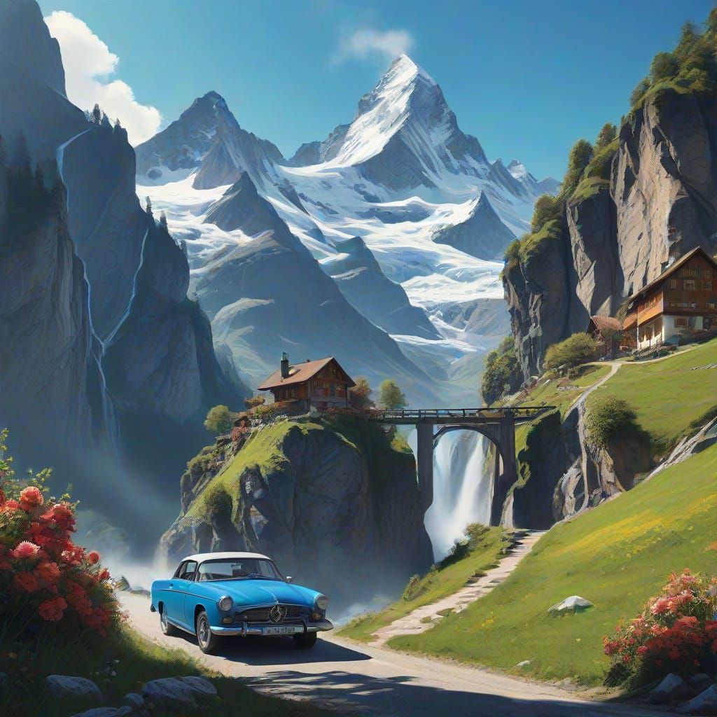 Whimsical Swiss Alps Village & Cable Car Retro Illustration