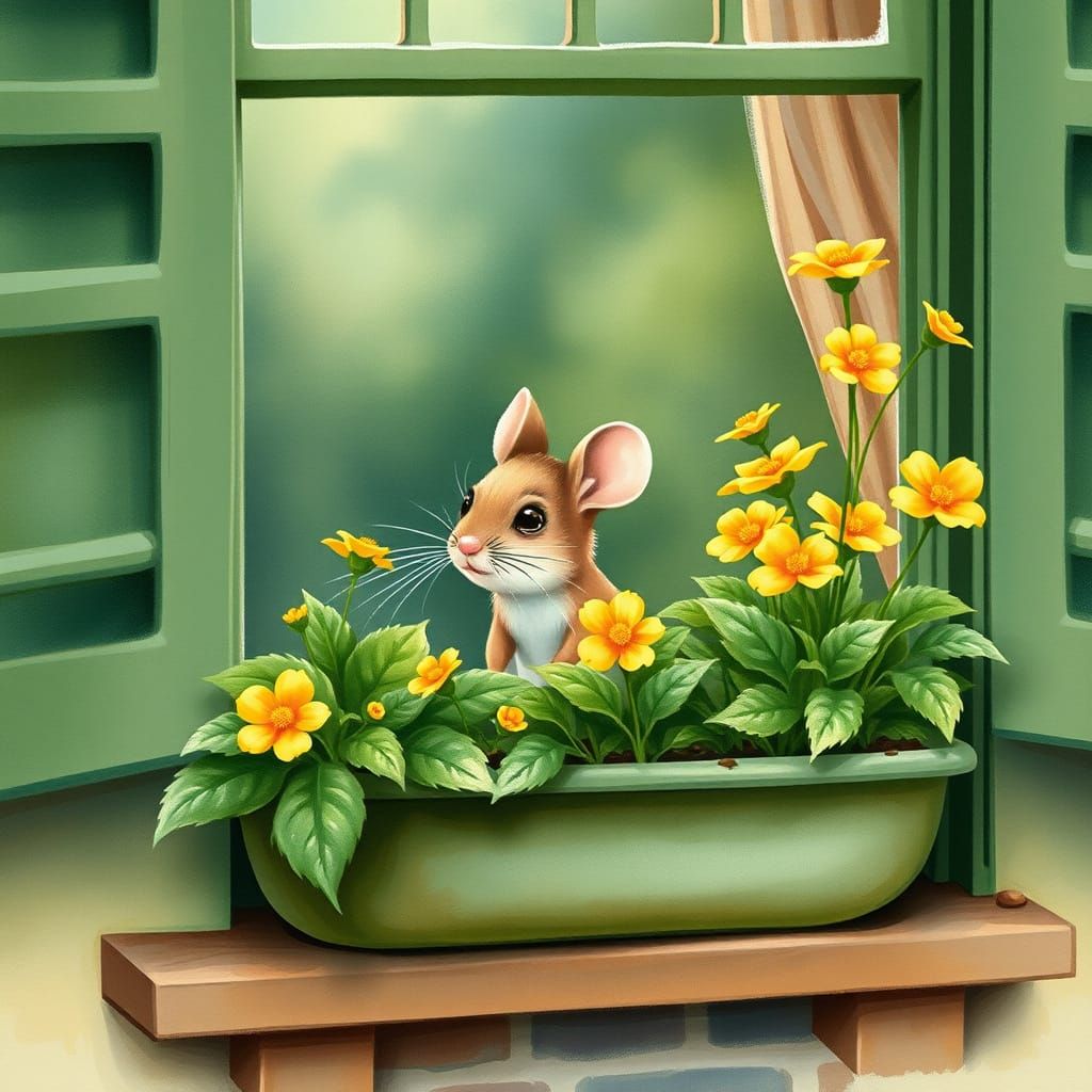 Mouse in Golden Flowers, Whimsical Watercolor Illustration