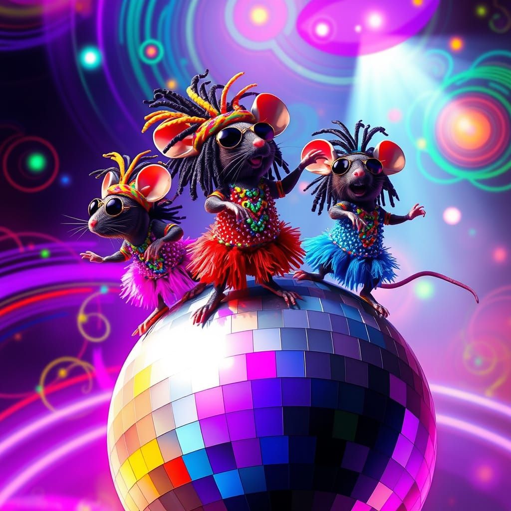 Vibrant Disco Rastafari Mice in Whimsical Dance