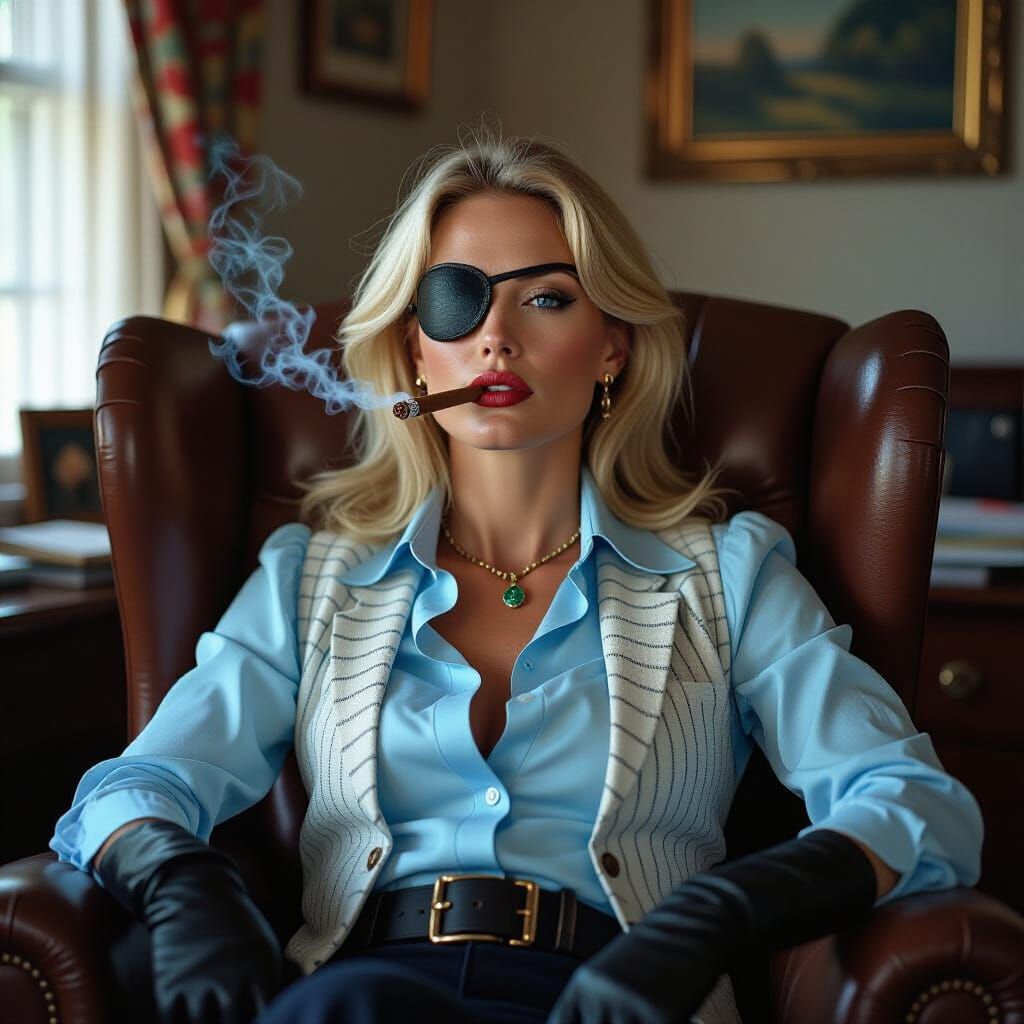 Blond Woman with Eyepatch in Hyperrealistic Photo