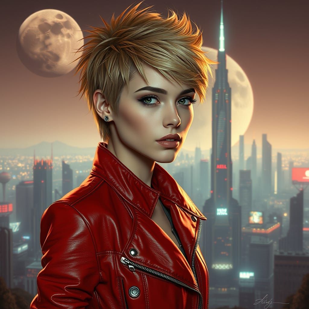 Cyberpunk Woman in Lunar Cityscape
