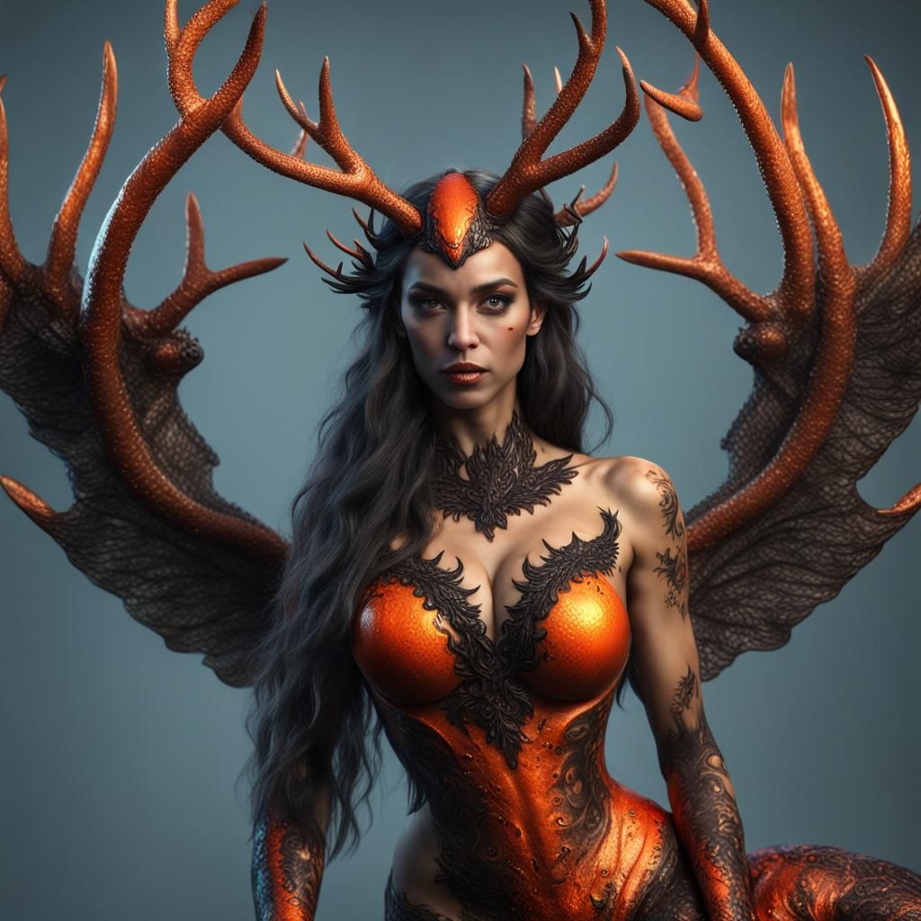 Evil Mermaid Reindeer with Wings and Horns