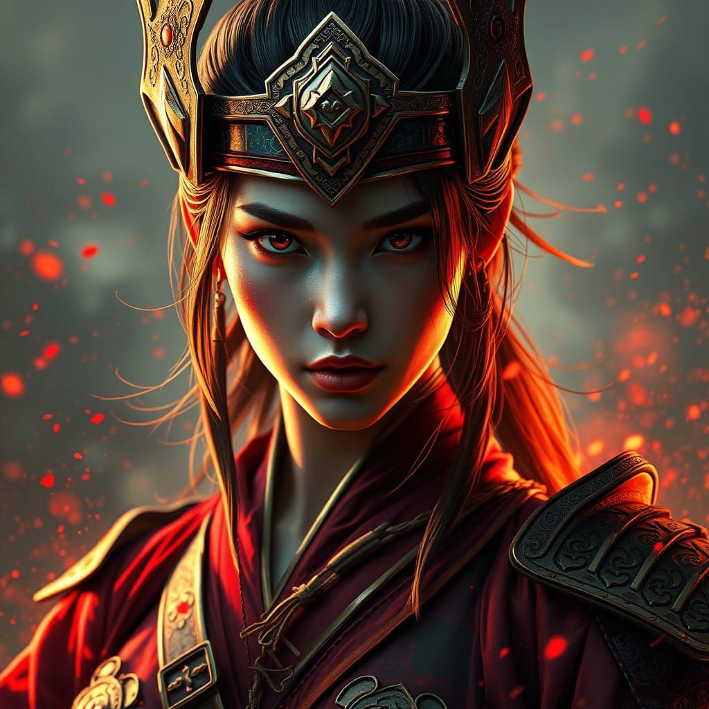 Samurai Woman Portrait in Triadic Colors