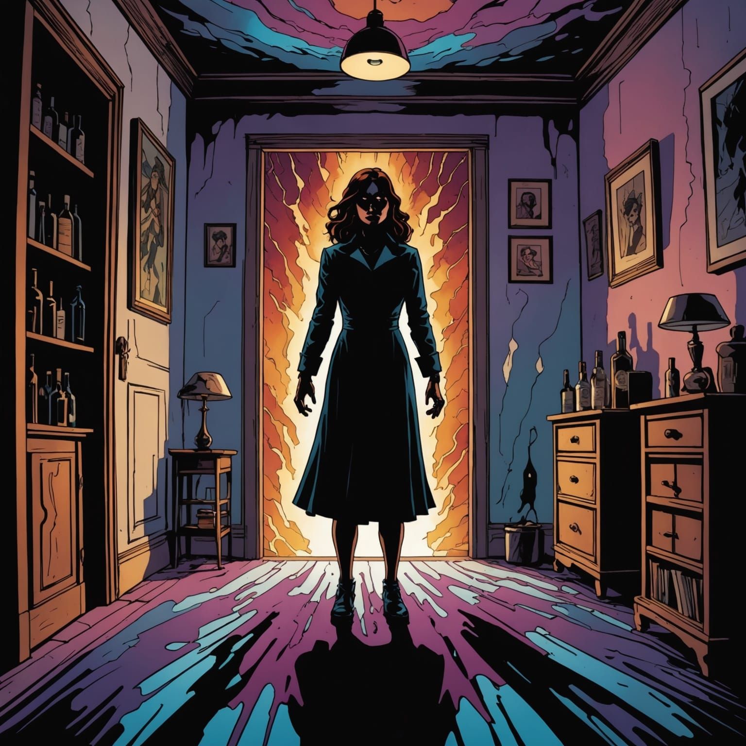 Terrifying Shadow Over Screaming Woman in Alcohol Ink Style