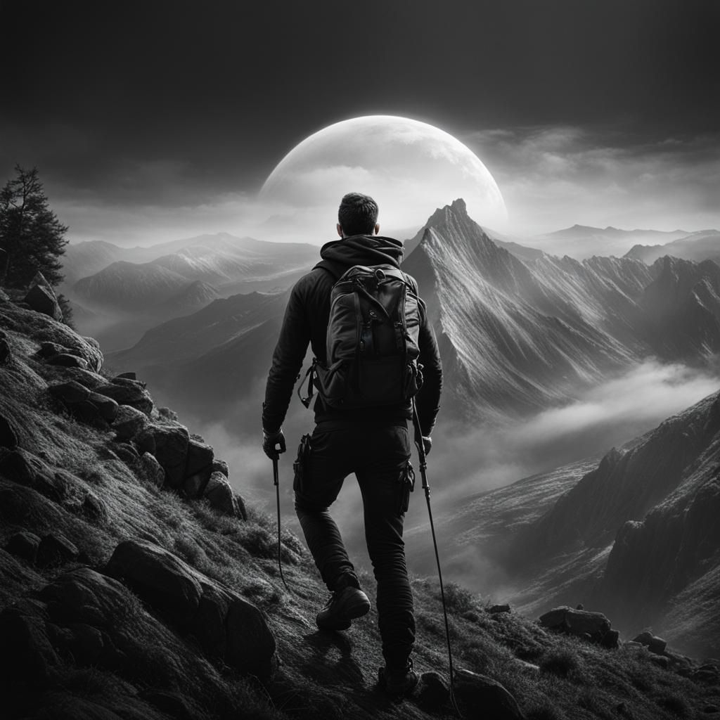 Man Climbing Hill in Black and White: Cinematic Art