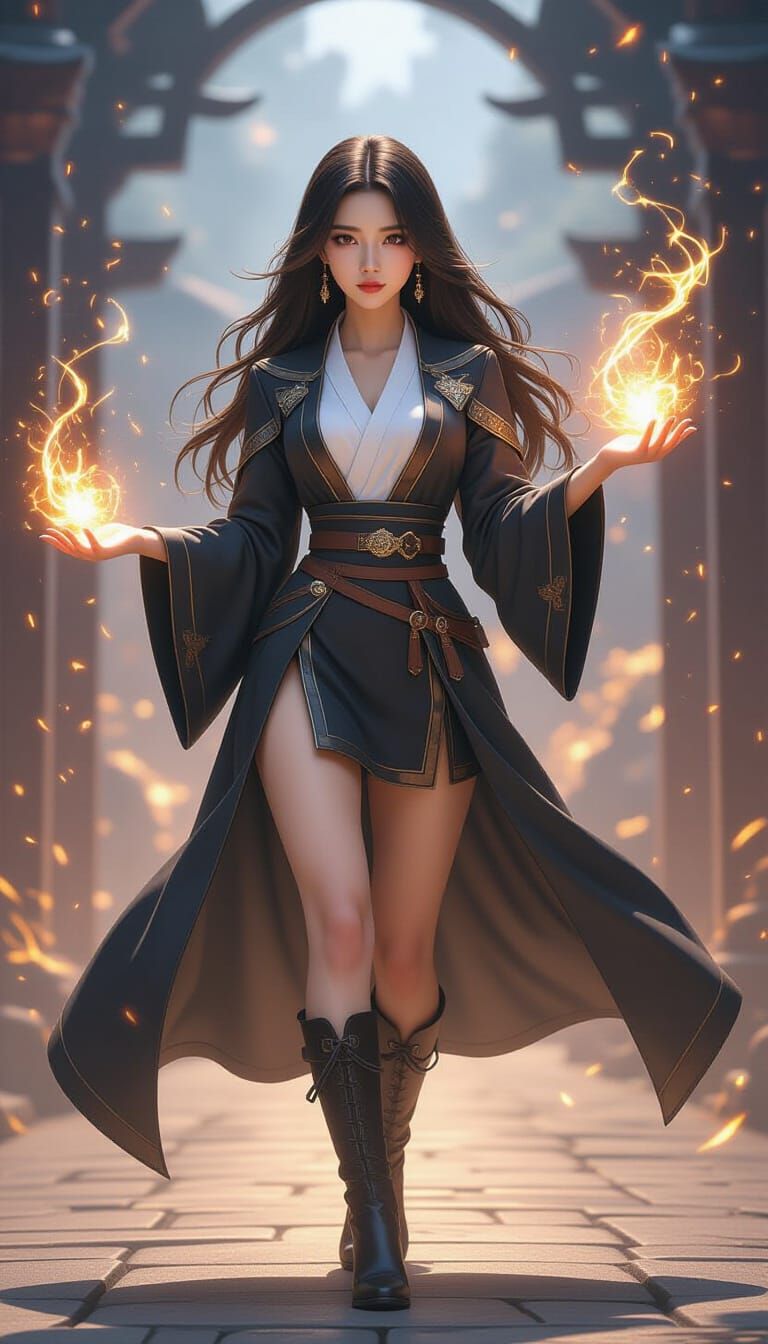 Korean Woman Casting Magic in Hyperrealistic Style