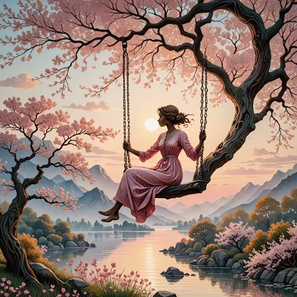 Serene Watercolor Scene of Female on Swing Under Majestic Ch...