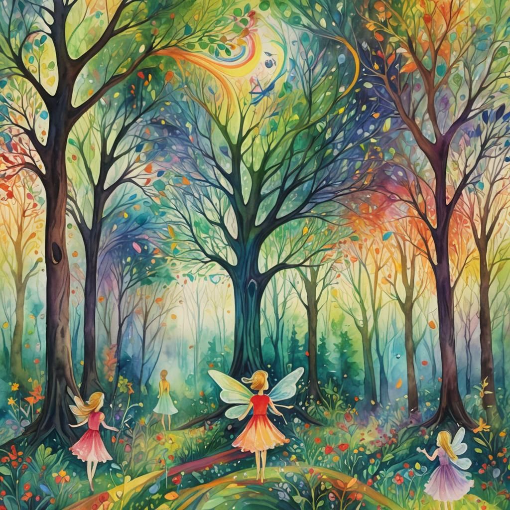 Vibrant Watercolor of Children, Fairy, and Trees