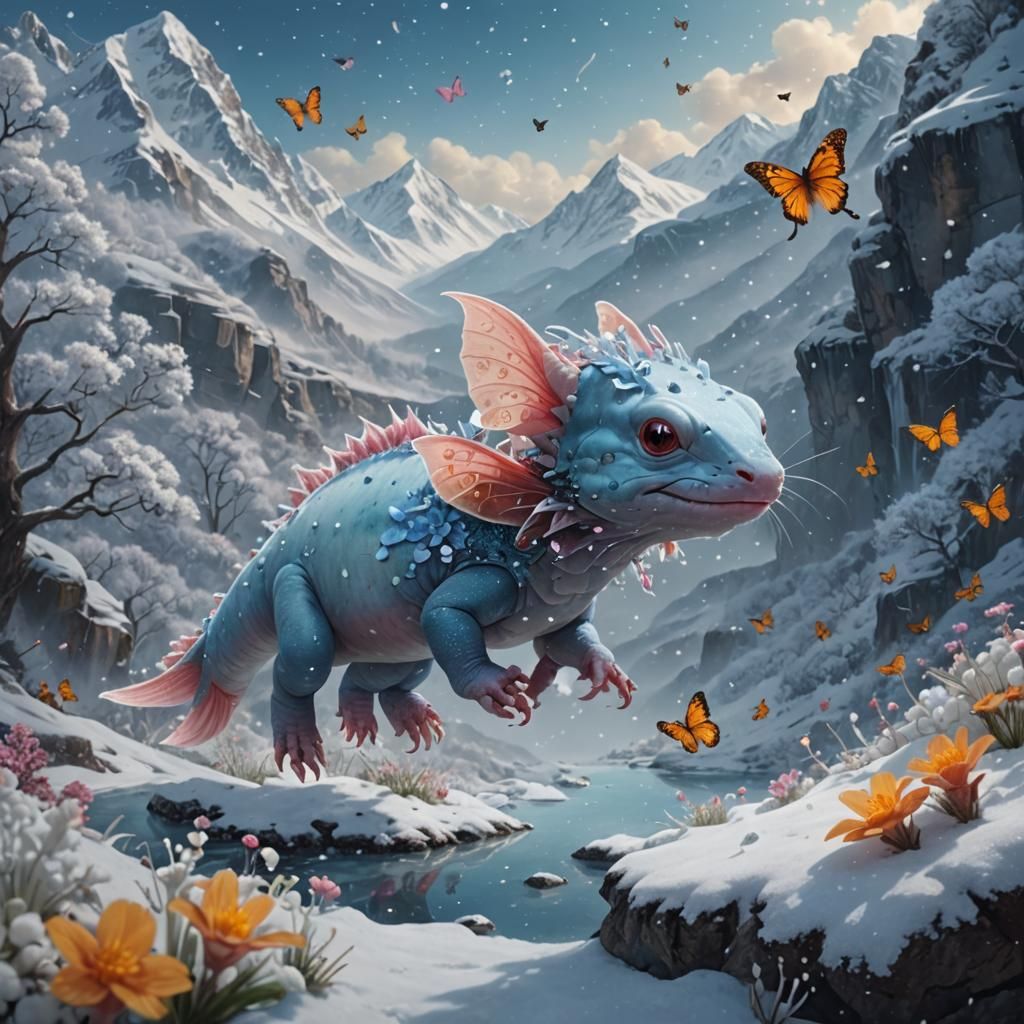 Snowy Mountain Axolotls with Butterflies: Digital Matte Pain...