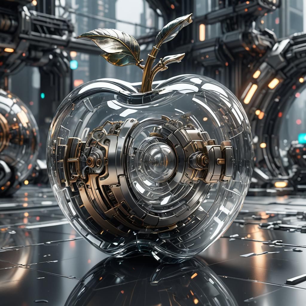 Futuristic Glass Apple with Intricate Mech Details