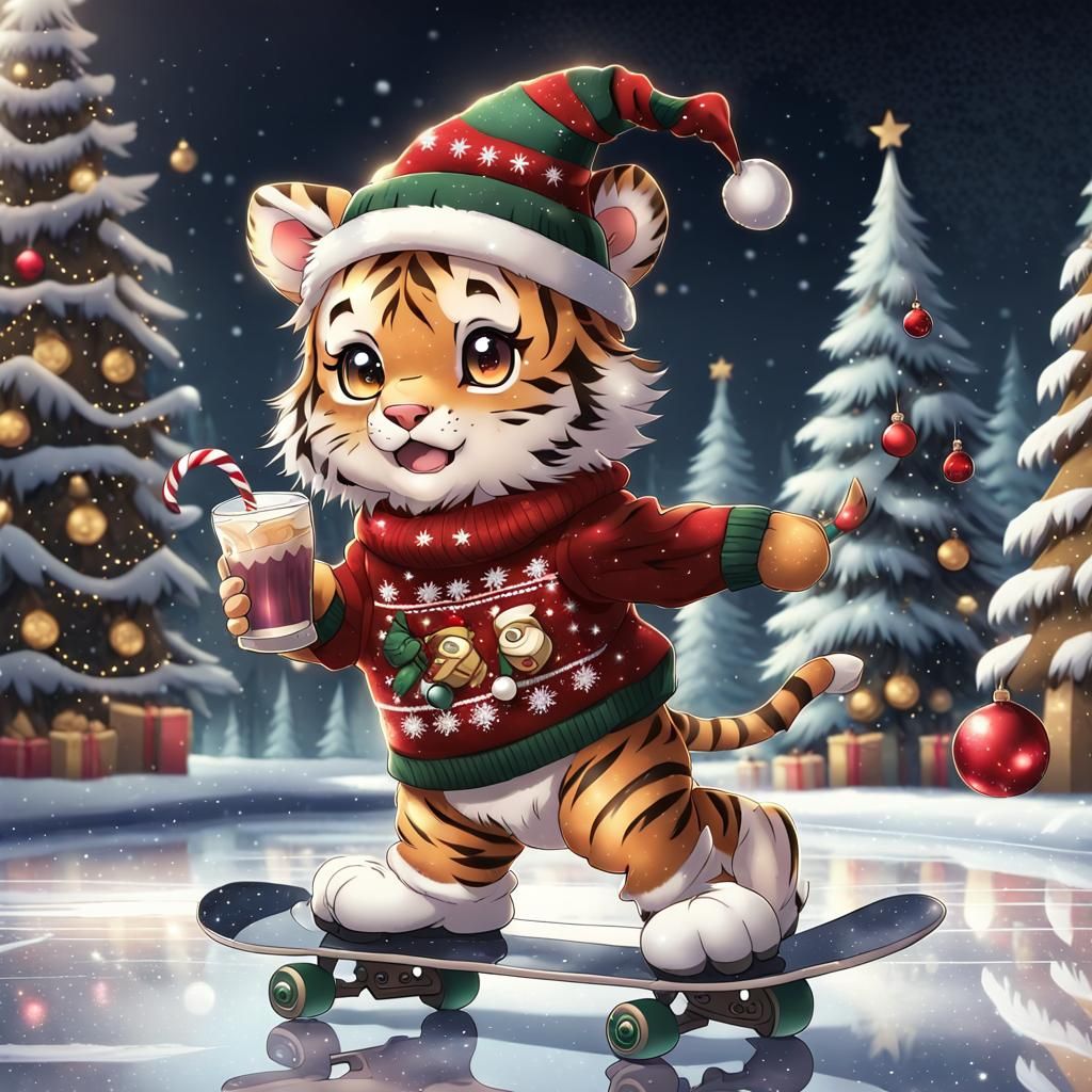 Festive Tiger Skating Scene in Anime Style
