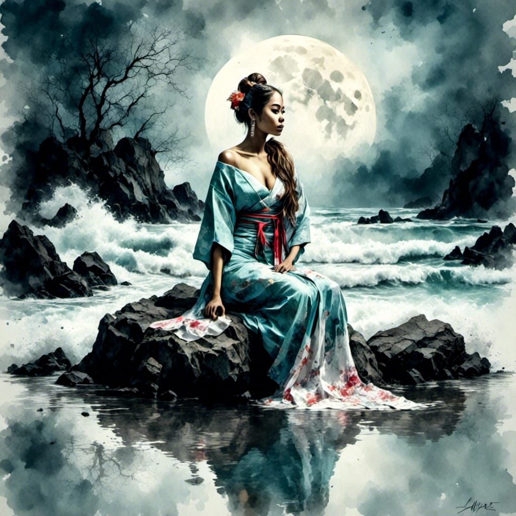 Geisha on a Rock at Dusk in Watercolor Style