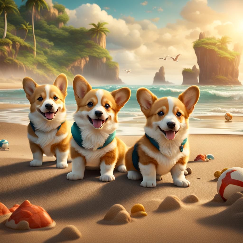 Corgi Puppies Enjoying a Beach Day