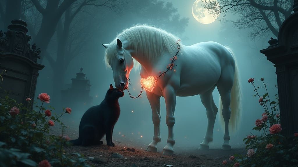 Gothic Ghostly Horse & Cat in Haunted Victorian Cemetery