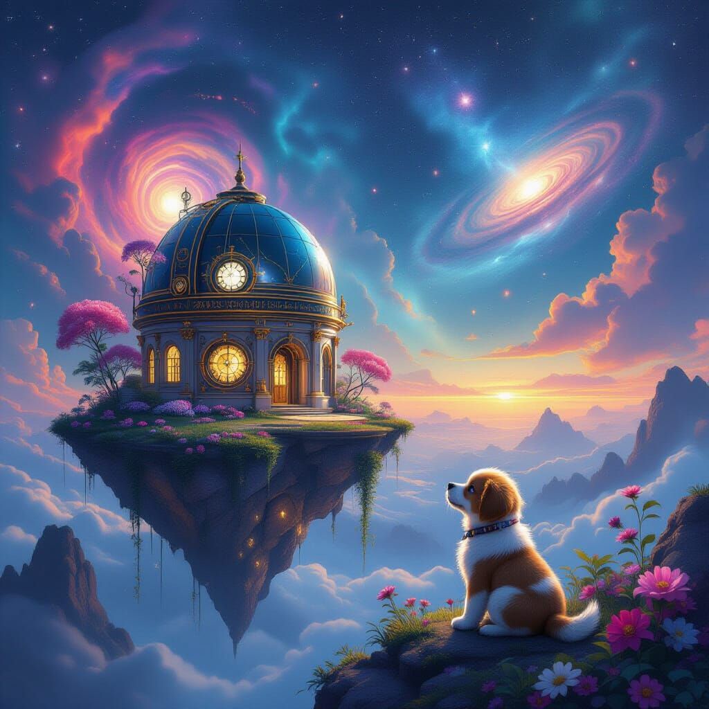 Cosmic Observatory on Floating Island with Starlight Puppy