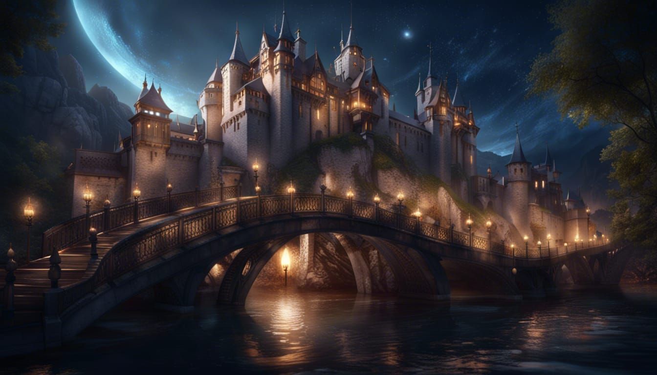 Fantasy Castles with Bridges and Terraces at Night