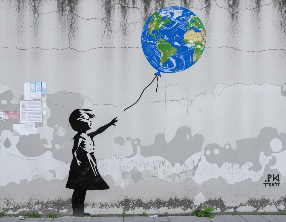 Girl Reaching for Earth Balloon in Street Art Style