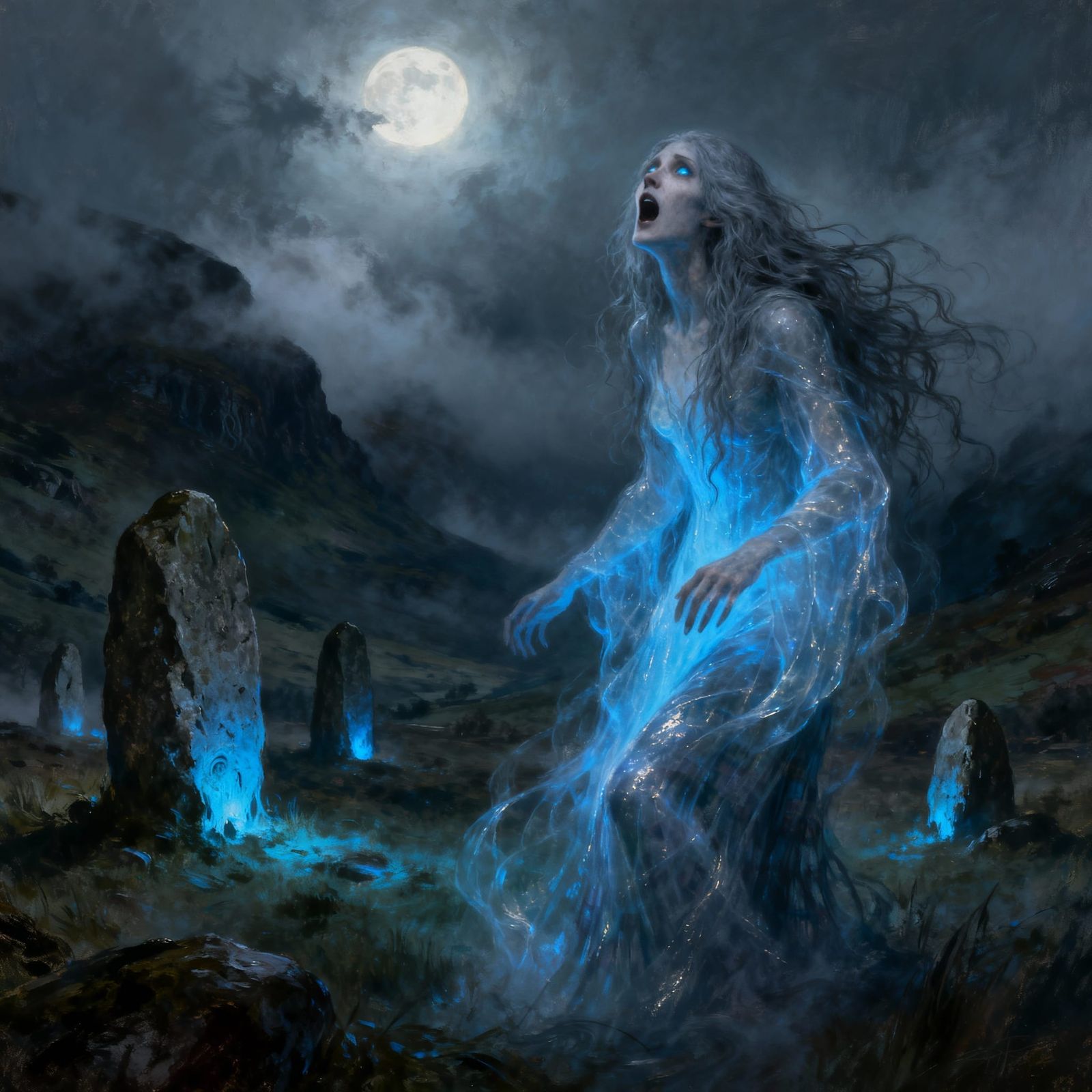 Spectral Highland Banshee in Misty Scottish Glen
