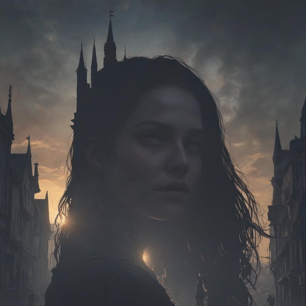 Fantasy City Sunrise with Ominous Shadow Woman