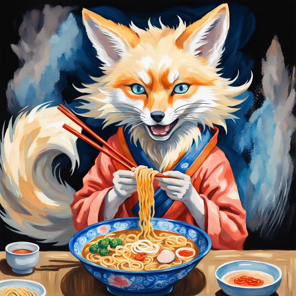 Kitsune's Ramen Feast: Gouache Impressionist Painting