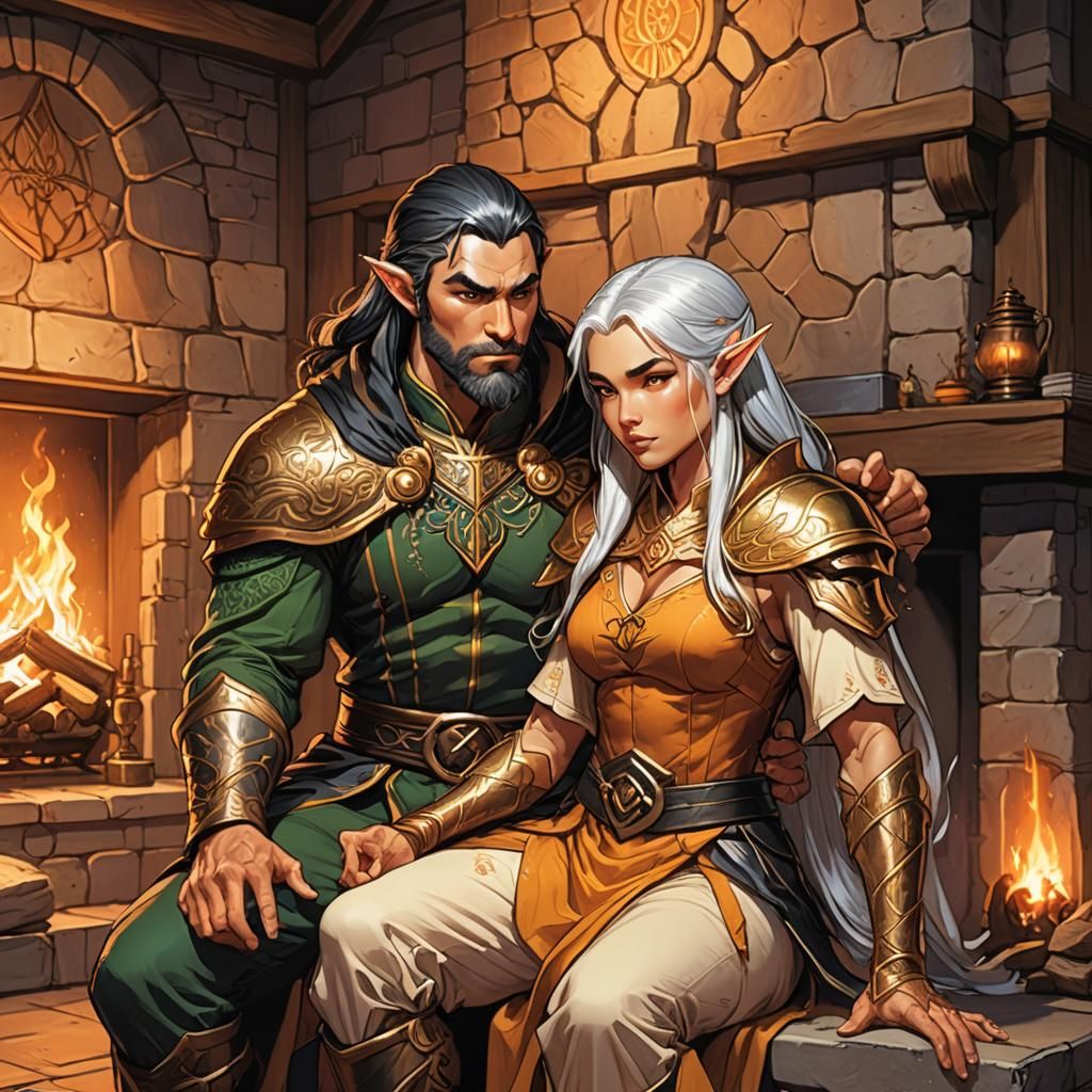 Elves by Fireplace in Digital Comic Book Art