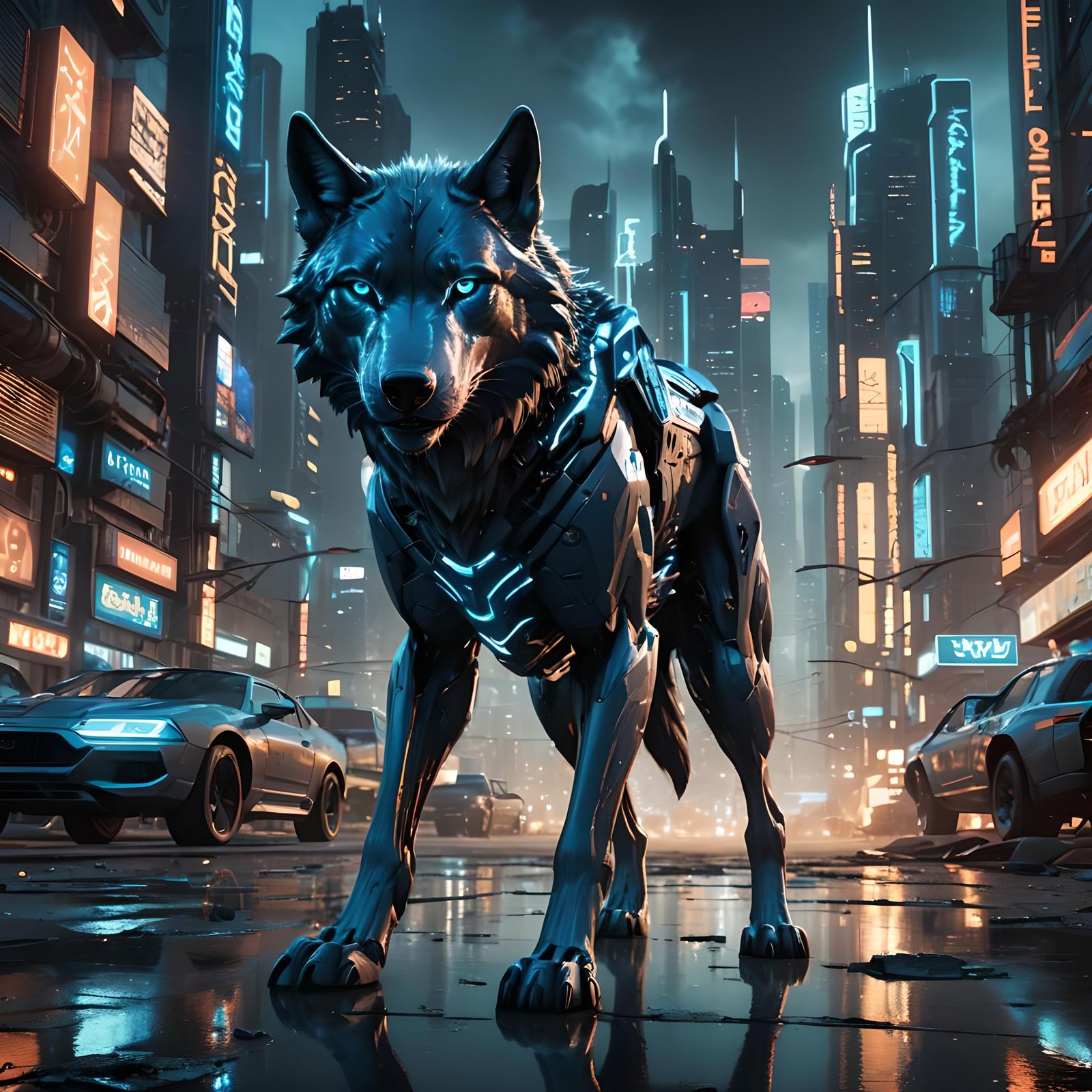 Futuristic Blue Fire Wolf in Sci-Fi Style