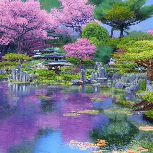 Cranes in Japanese Garden: Detailed Matte Painting