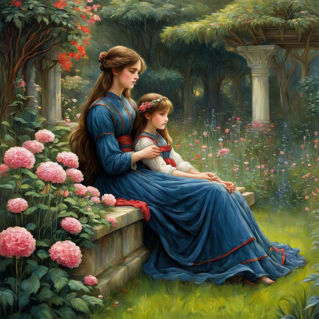 Mother and Daughter in an Enchanting Garden Scene