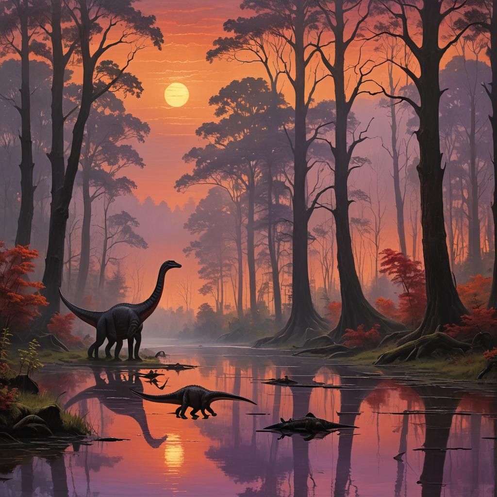 Hudson River School landscape painting. Medium shot. Two bra...