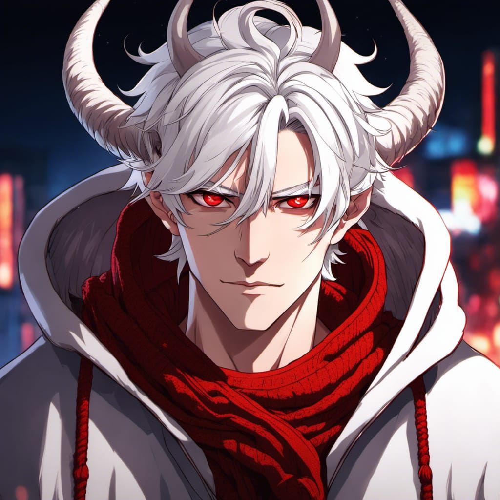 Anime Demon Boy with Red Eyes and White Hair