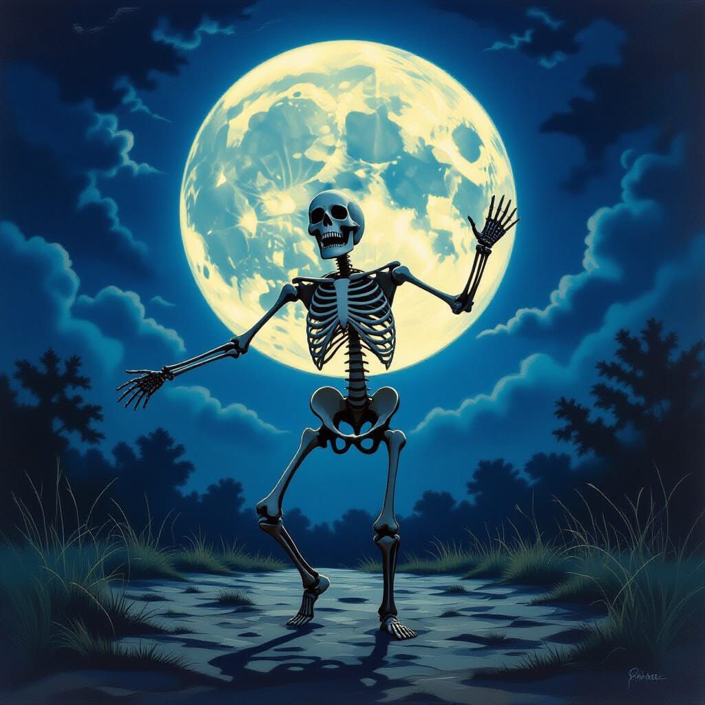 Skeleton Dancing Under Full Moon: Hyperrealistic Gothic Art