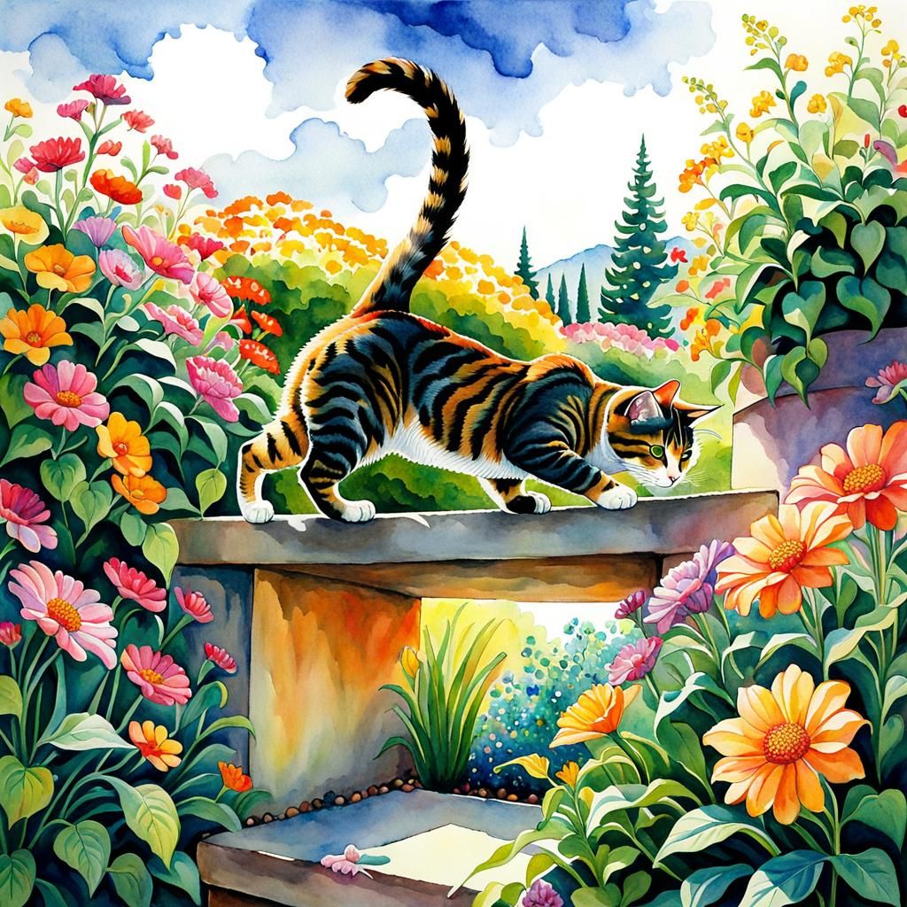 Cat Stretching in Flower Garden, Watercolor Style