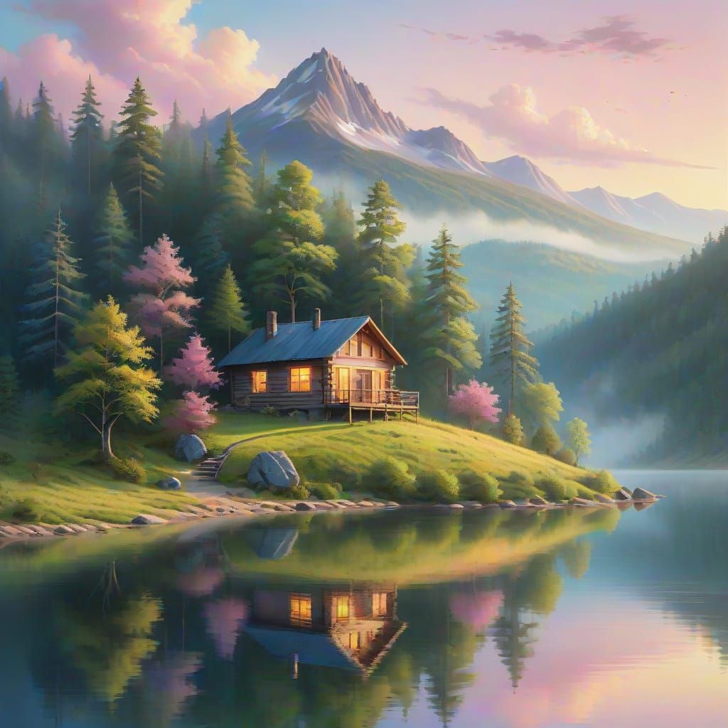 Cabin Above Lake at Dawn in Oil Painting Style